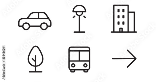 Set of black line art icons representing urban life and transportation, including a car, bus, building, tree, street lamp, and a directional arrow in a minimalist, modern style