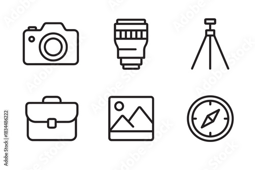 Set of six black line icons for photography and travel including a camera, lens, tripod, briefcase, landscape picture, and compass, representing creative adventure and exploration