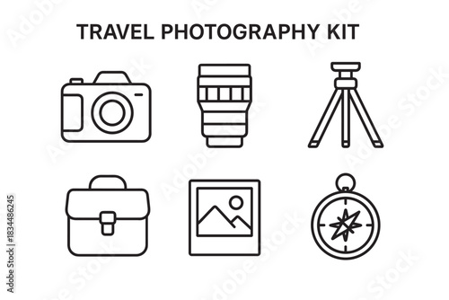Black line icons for a travel photography kit featuring a camera, lens, tripod, bag, picture, and compass in a simple minimalist outline vector style