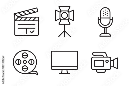 Set of six black line icons for video production and filmmaking including a clapperboard, studio light, microphone, film reel, monitor, and camera in a minimalist vector style