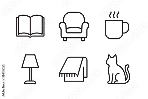 Set of six black line icons representing cozy home comfort with a book, armchair, hot drink, lamp, blanket, and cat for a hygge lifestyle concept