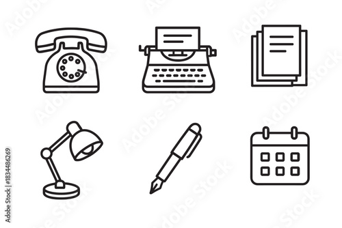 Set of six black line icons showing vintage office equipment including a rotary telephone, typewriter, documents, desk lamp, fountain pen, and calendar for business concepts