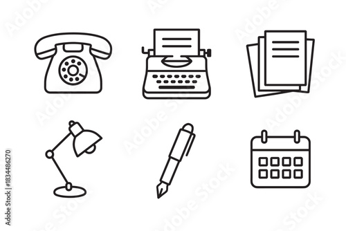Set of six black line icons representing vintage office equipment including a rotary phone, typewriter, documents, desk lamp, fountain pen, and a calendar in a minimalist style