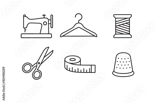 Set of six black line icons for sewing and tailoring including a machine, hanger, thread, scissors, tape measure, and thimble in a minimalist graphic style