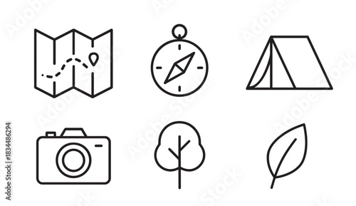 Black linear icon set for outdoor adventure featuring a map, compass, tent, camera, tree, and leaf, representing travel, tourism, and nature exploration concepts