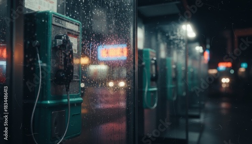 Old green public payphone in a booth on a rainy night, with moody cinematic lighting and blurred city lights reflecting on the wet, scratched glass