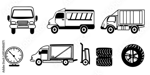 Transportation and Delivery Icons Trucks, Cargo, Tires, and Logistics Illustration Set for Web