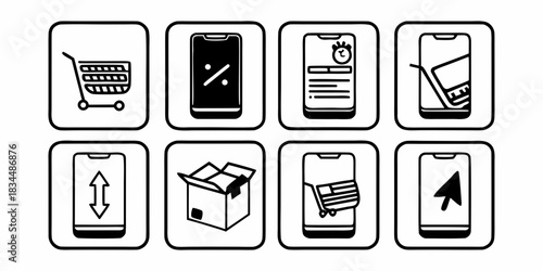 Streamlined set of mobile e-commerce icons for digital retail applications, covering online shopping, discounts, order status, delivery, and secure transaction concepts