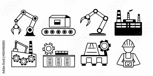 Industrial Automation Icons Conveyor Belts, Factory, and Robotic Arms