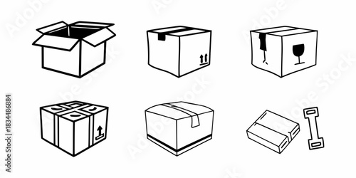 A collection of hand-drawn cardboard box illustrations. Doodle icons for shipping, moving, and delivery logistics concepts