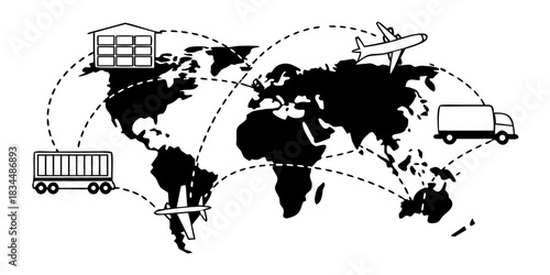 Vector illustration of a global logistics and supply chain network, showcasing international freight transportation by air, sea, and land