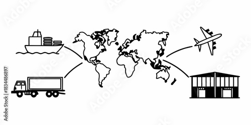 Global shipping and logistics network connecting land, sea, and air transport with distribution centers