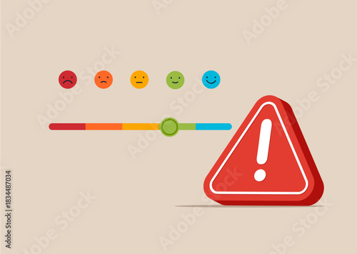 Customer feedback, quality from product with exclamation attention sign. Exclamation attention signs symbol of misunderstanding, negotiation problems. Deception. Flat vector illustration. 