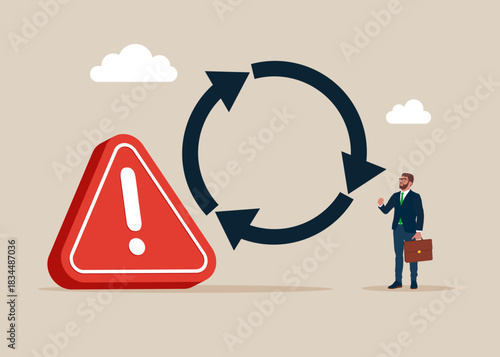 Consistency circle symbol with exclamation attention sign. Unreliable business strategy to repeatedly deliver work done, personal development or career growth. Problem. Vector flat illustration