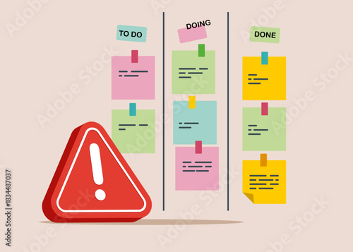 Todo list with exclamation attention sign. Problem. Project progress on kanban board. In progress task and finished one, project management or planning for production. Be careful. Vector illustration