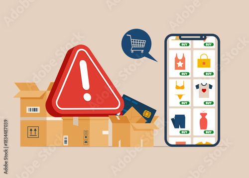 Arrest online store. Store with exclamation attention sign. Unreliable store, scammers. Shopping online using mobile phone. Customer selects the goods to online shopping. Flat vector illustration. 