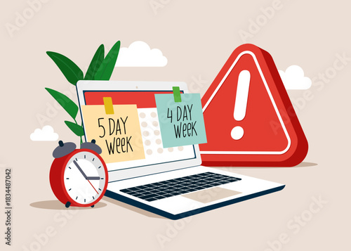 4 or 5 Day Work Week with exclamation attention sign. Difficult  decision and complex choice. Make company 4 day work week. Flat vector illustration. 