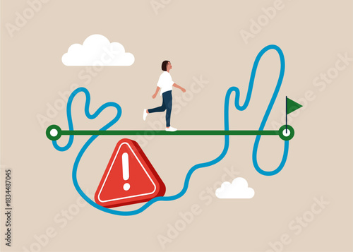 Woman is coming on straight easy way. Exclamation attention sign on hard messy path.Easy or shortcut way to win business success or hard path and obstacle concept. Flat vector illustration