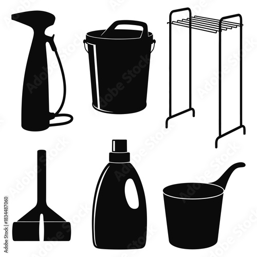 Collection of black silhouette icons representing various household cleaning and utility items