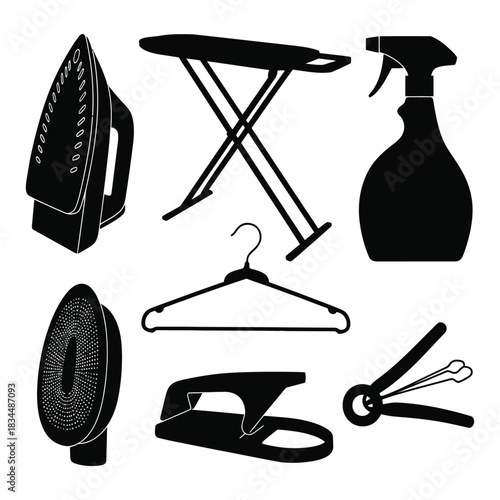 Collection of black silhouette icons representing various laundry and garment care tools like an iron, ironing board, and spray bottle