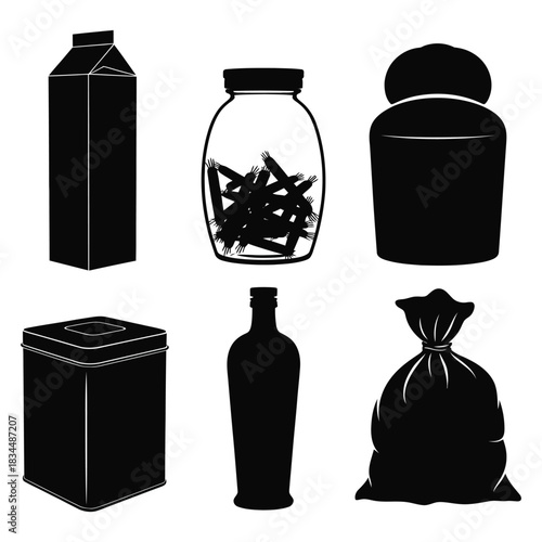 Collection of six black silhouette icons representing various types of containers and packaging for recycling or waste disposal