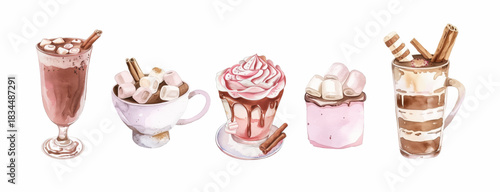 Watercolor winter hot drinks - illustrations for posters, banners, backgrounds or greeting cards. Holiday decor.