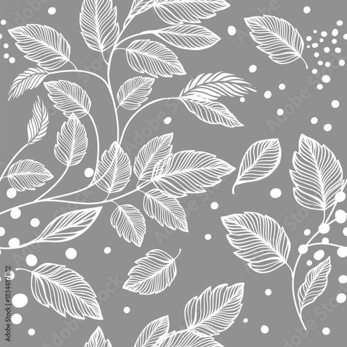 Seamless pattern of white leaves on a gray background with snow. Hand drawn. Not AI, vector illustration.