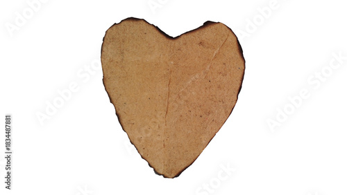 Vintage love symbol burnt aged paper heart on white background