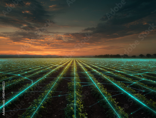 At dusk, a green agricultural field is overlaid with a luminous blue digital grid. Crops thrive beneath a striking skyscape. Advanced farming employs intelligent technologies for surveillance and anal