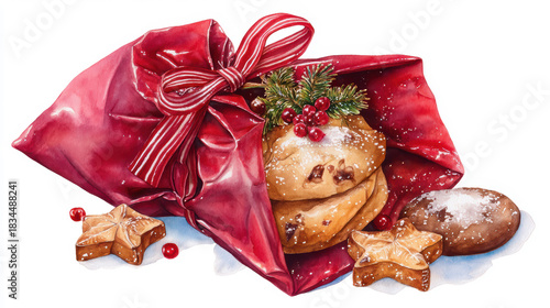 Festive red gift bag filled with delicious homemade christmas cookies and treats, isolated on white background