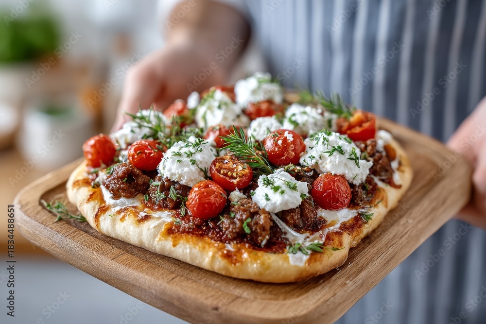 Naklejka premium Manos sosteniendo una tabla de madera con un plato de carne y tomates