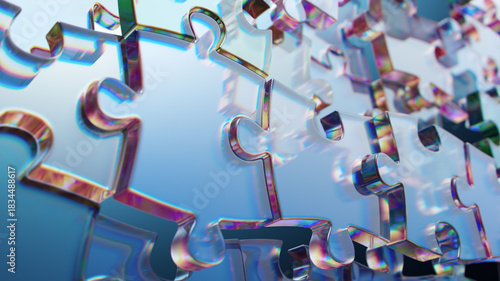 Metallic Puzzle Pieces: Iridescent Interlocking Shapes Create Colorful Abstract Art and Design