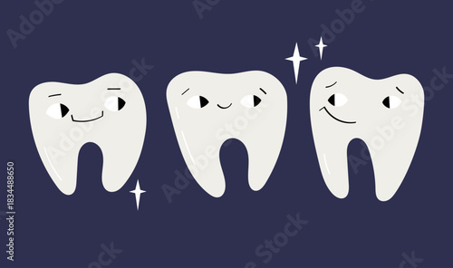 Cute clean teeth characters with smiling faces and shining effects. Fun dental care vector illustration