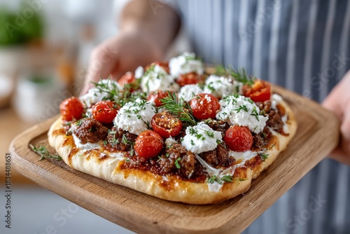 Manos sosteniendo una tabla de madera con un plato de carne y tomates