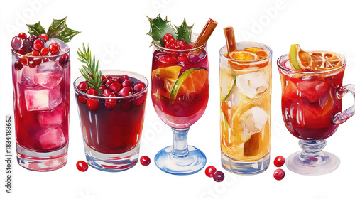 Festive holiday drinks cranberry cocktails, mulled beverages, citrus, spice, isolated on white background