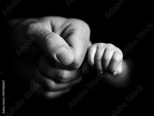 Father and son lightly punch each other with their fists. In a bright monochrome photo, dad and baby touch fists on a dark background. This touching moment highlights family ties, fatherly affection.