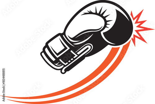 Black boxing glove with red impact starburst and orange motion swooshes sport fight