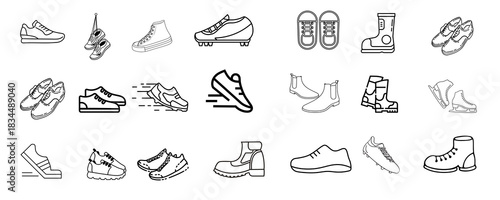 Icon Design, silhouette and line icon pack - Collection of various shoe styles and footwear icons hand drawn in a sketch art isolated on transparent background