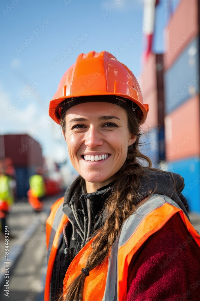 Fototapeta premium Female Port Engineer Smiling at Cargo Yard with Blue Sky Background