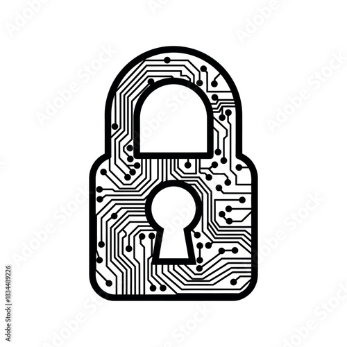 Circuit board padlock illustration featuring intricate electronic line patterns symbolizing cybersecurity and modern digital protection