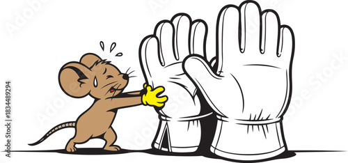 Cartoon brown mouse wearing yellow glove struggling to push large white boxing gloves pushing
