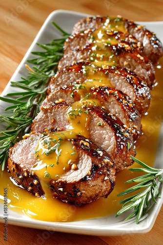 Plato de cordero sous vide con salsa en un entorno simple, servido en una bandeja blanca, presentado con hierbas frescas y rodajas finas