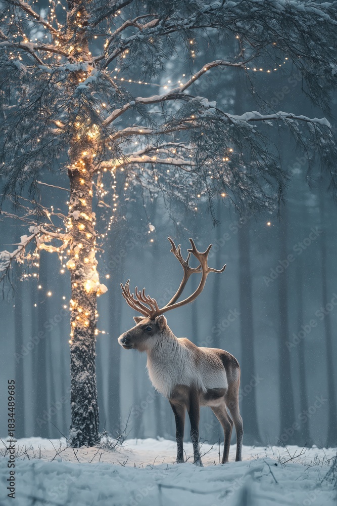 Naklejka premium Reindeer standing in snowy forest with magical Christmas lights. Reindeer standing in deep snow, illuminated by magical Christmas lights in a winter forest
