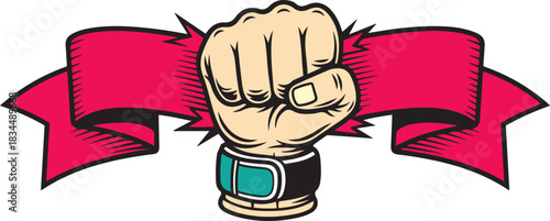 Clenched Fist with Teal Wristband and Red Ribbon Banner Bursting Outward hand power