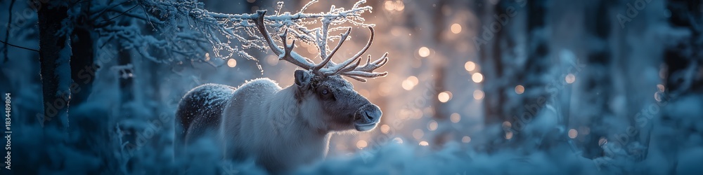 Naklejka premium Reindeer standing in snowy forest with magical Christmas lights. Reindeer standing in deep snow, illuminated by magical Christmas lights in a winter forest