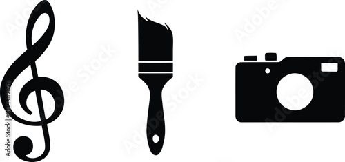 A vector illustration of a set of musical instruments and metal scissors next to a painter's brush and other art equipment on a white background