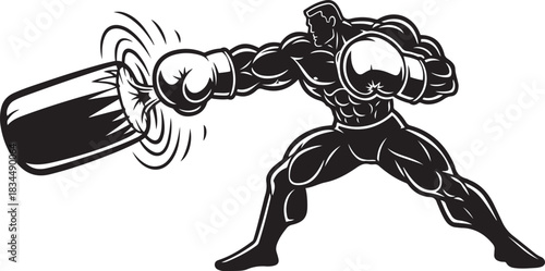 Muscular bodybuilder boxer punching heavy bag with dynamic motion lines and impact rings boxing punching bag
