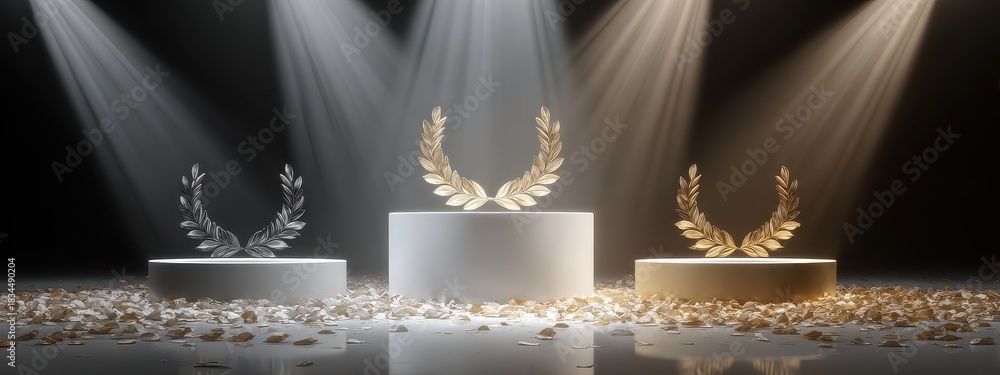 Naklejka premium Award gold winner podium prize silver background golden first laurel place ceremony. Poster award gold winner 3d wreath trophy stage rank star bronze win circle banner red leaf movie design victory