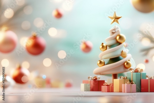 Festive christmas tree with gold ornaments and gifts in cozy holiday setting