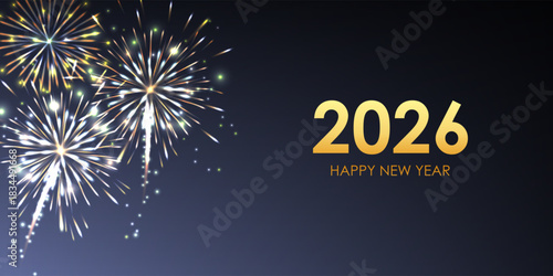 2026 Happy New Year card template, fireworks banner, vector illustration